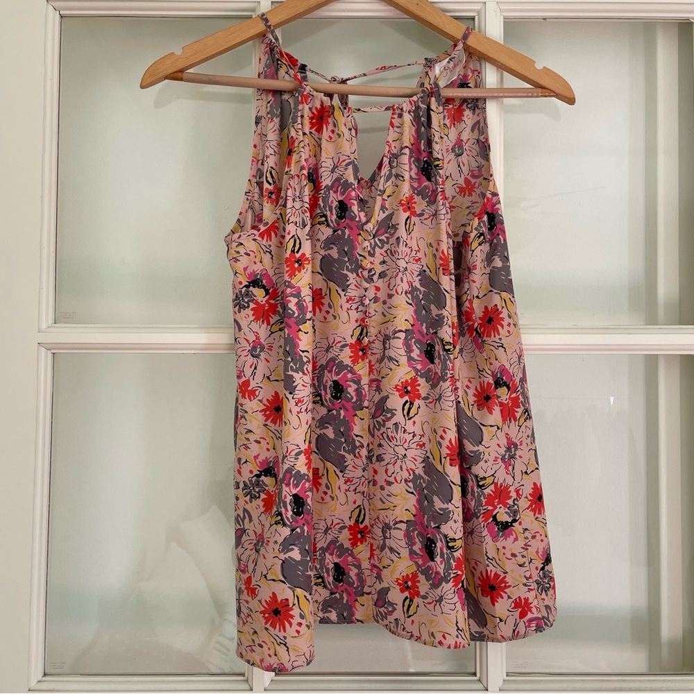 Parker floral print 100% silk blush pink blouse sleeveless tank top size Large L